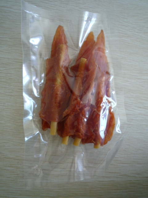 white cowhide stick with chicken breast