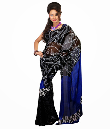 Blue & Black Colored Faux Georgette Saree