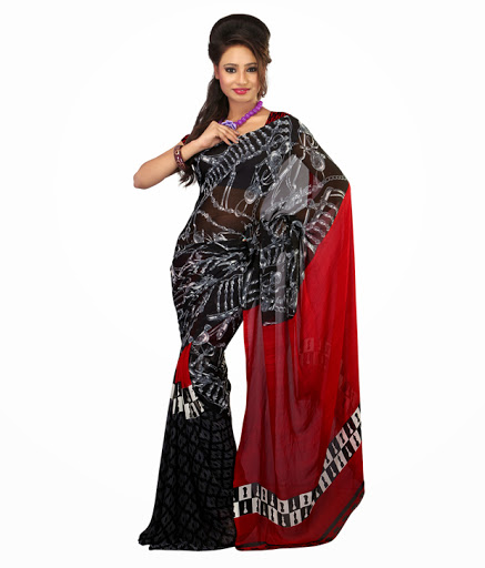 Red & Black Colored Faux Georgette Saree