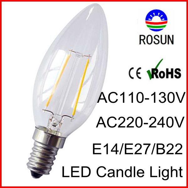 Clear glass 360 degree emitting 2W C35 filament LED candle light