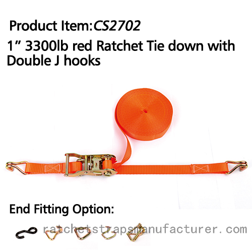 CS2702 1â€œ 3300lbs red Ratchet Tie down with Double J hooks