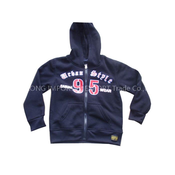 P5310461Children's hooded fleece jacket with print on the front, kangaroo pocket in the waistband