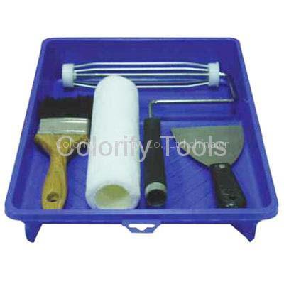 Painting Tools: paint roller, paint brush, paint tray, extension pole, scraper