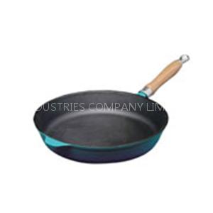 Cast iron frying pan with wooden handle