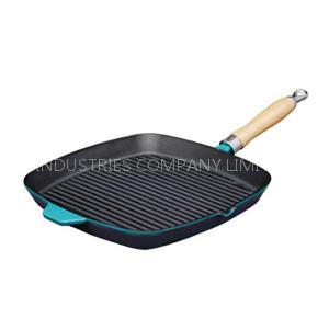 Square cast iron grill pan with wooden handle