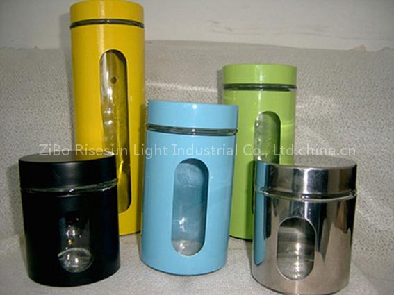 Four-piece Glass Storage Jar Set with Stainless Steel Case