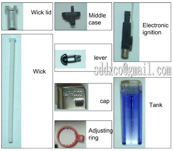 Lighter parts: wick lid, wick, spring, flame guard, wheel racket, lever, adjusting ring, tank,piezo