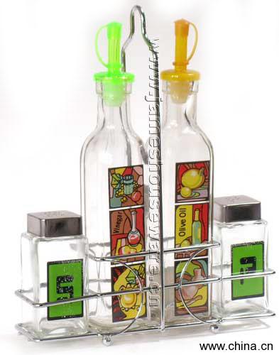 Glass Oil Bottle Set with Wire Stand