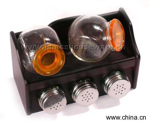 Glass Condiment Set with Wood Stand