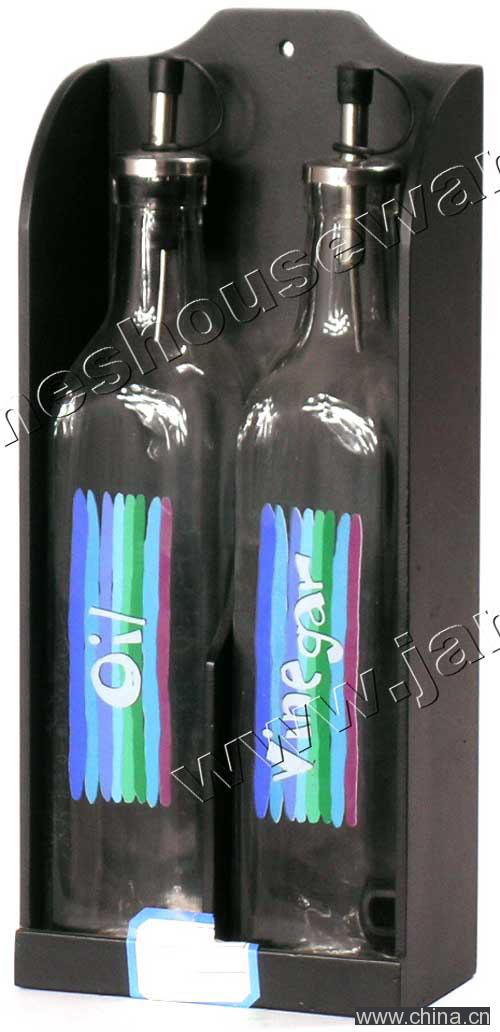 Glass Oil Bottle Set with Wood Stand