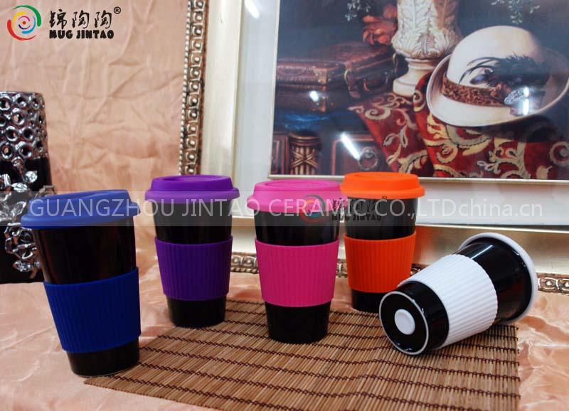double wall ceramic thermal mug with silicone lid