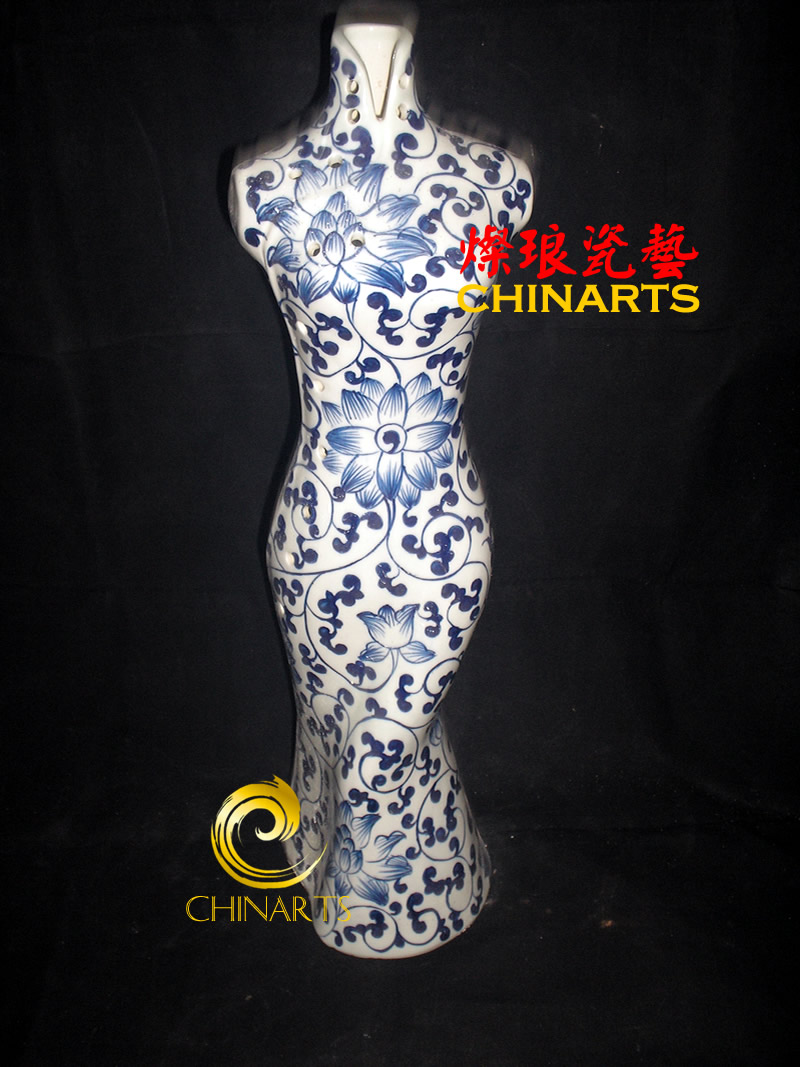 XD-QH-MT-A002, Jingdezhen fashion porcelain sculpture, Modern blue and white ceramic sculpture, Fine sculpture, Chinese cheongsam sculpture