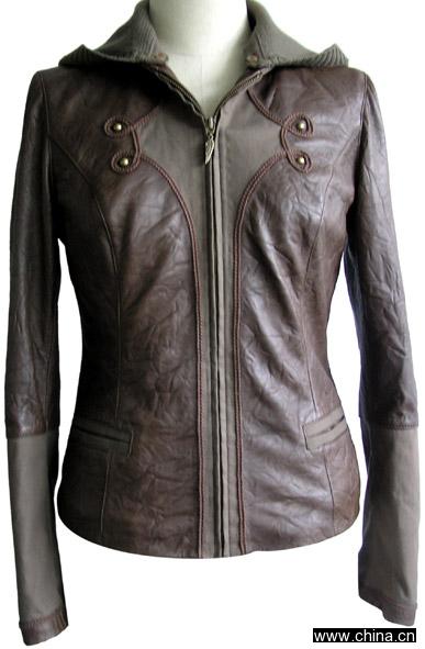 Washed Leather Jacket with Knitting Hood