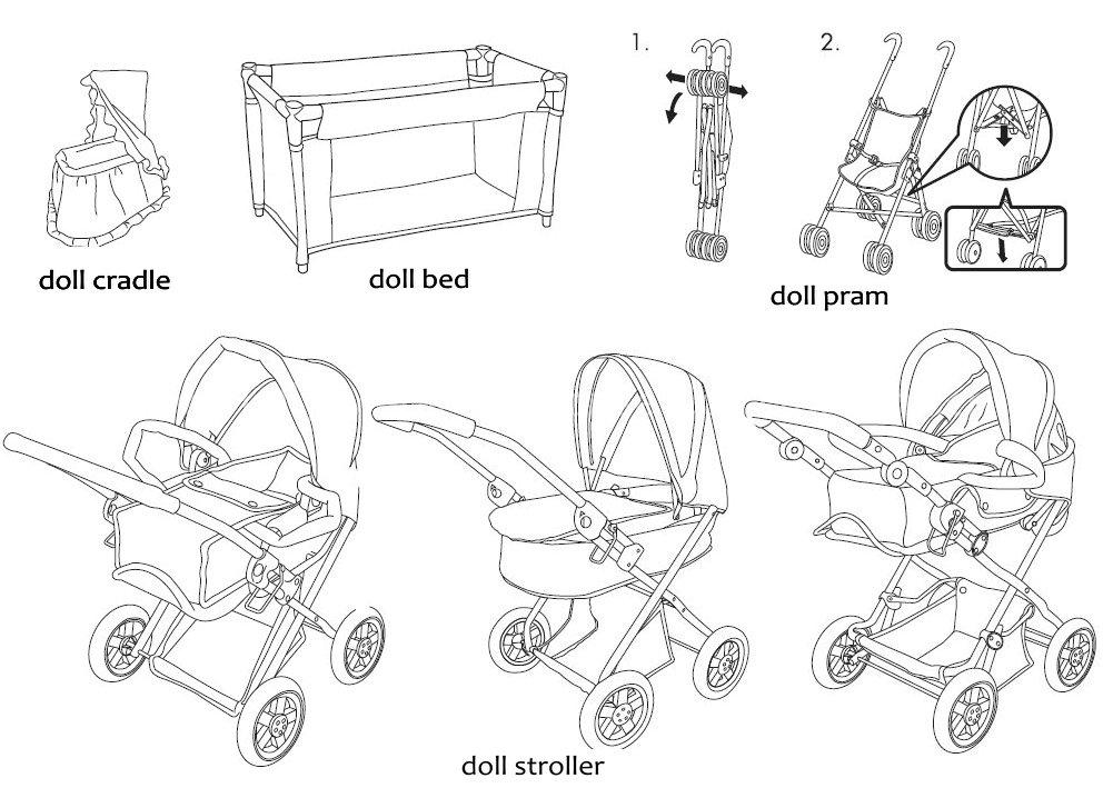 Doll stroller, bed and chair