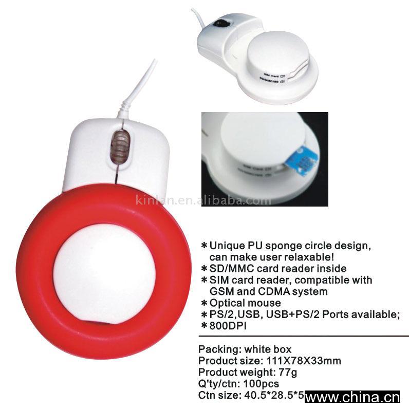 USB Optical Mouse with SD / MMC / SIM Card Reader and Sponge Wrist Rest