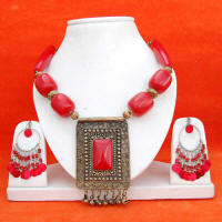 India Red Junk Jewelry Necklace And Earrings