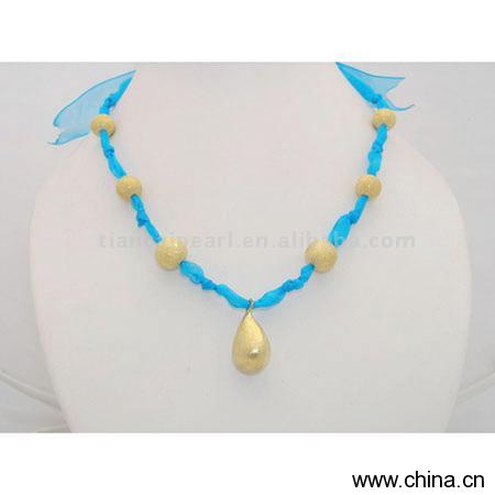 Charming Blue Ribbon-Tie Necklace With 18K GP Golden Beads