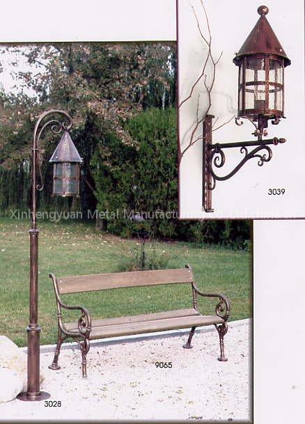 wrought iron lamp and bench