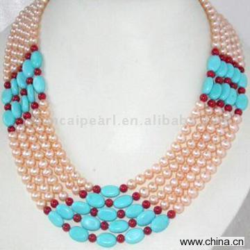Pink Freshwater Pearl Turquoise Coral Necklace